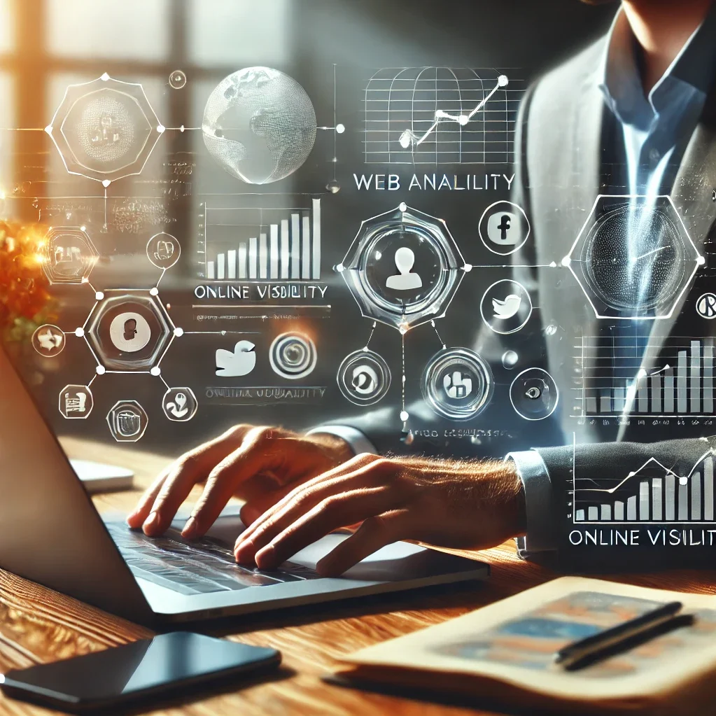 – Une image illustrant les stratégies SEO, avec des graphiques de performance et des icônes de moteurs de recherche.