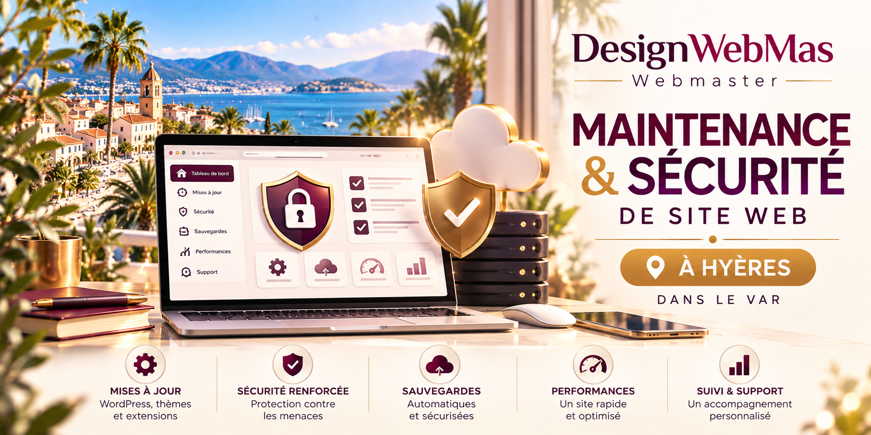 GENERER UN VISUEL ULTRA FULL LISIBLE PRENIUM STYLE LUXE AGENCE DIGITALE IMPERATIF LES CARACTERES DOIVENT POUVOIR ETRE LU CORRECTEMENT. GENERER AVEC SES CODE COULEURPour rester parfaitement cohérent avec vos nouveaux visuels premium, lumineux et agence digitale luxe, je vous conseille ces couleurs de boutons pour DesignWebMas : Type de boutonFondTexteBordureSurvol Bouton principal #5A3145 #FFFFFF #5A3145 #735266 Bouton secondaire #B89552 #FFFFFF #B89552 #D4BA7A Bouton contour premium Transparent #5A3145 #5A3145 fond #F3ECE8 Bouton clair sur fond sombre/prune #FBF8F3 #5A3145 #FBF8F3 #F3ECE8 Pour votre site, je privilégierais surtout Bouton principal Fond : #5A3145 Texte : #FFFFFF Survol : #735266 C'est celui que je mettrais pour : Demander un devis, Parlons de votre projet, Prendre rendez-vous. Bouton secondaire premium Fond : #B89552 Texte : #FFFFFF Survol : #D4BA7A À utiliser plus ponctuellement pour attirer l'œil. Pour un rendu vraiment luxe Je vous conseille de ne pas utiliser trop de boutons dorés. Le plus élégant serait : 80 % des boutons en prune #5A3145 20 % maximum en or #B89552 Et pour les boutons contour : Texte + bordure : #5A3145 Fond : transparent Ainsi, votre identité reste cohérente avec vos visuels : ivoire + prune + or champagne.